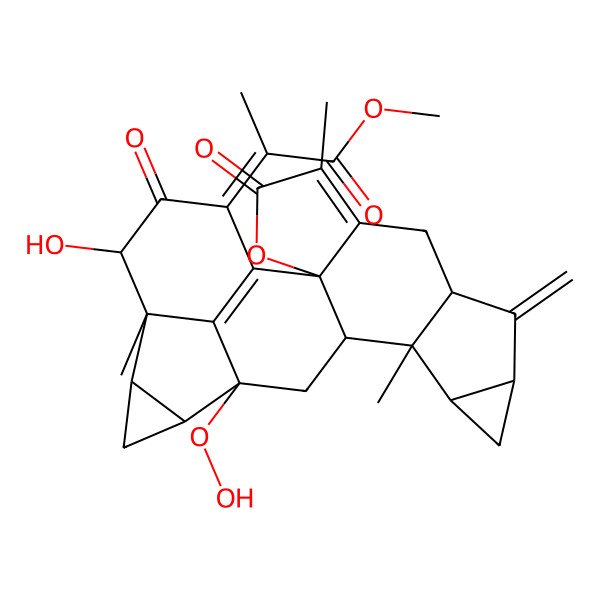 2D Structure of methyl (2Z)-2-[(2R,8S,10S,12R,13S,14S,16S,17S,19R,20S,21R)-16-hydroperoxy-21-hydroxy-5,13,20-trimethyl-9-methylidene-4,22-dioxo-3-oxaoctacyclo[14.7.1.02,6.02,14.08,13.010,12.017,19.020,24]tetracosa-1(24),5-dien-23-ylidene]propanoate