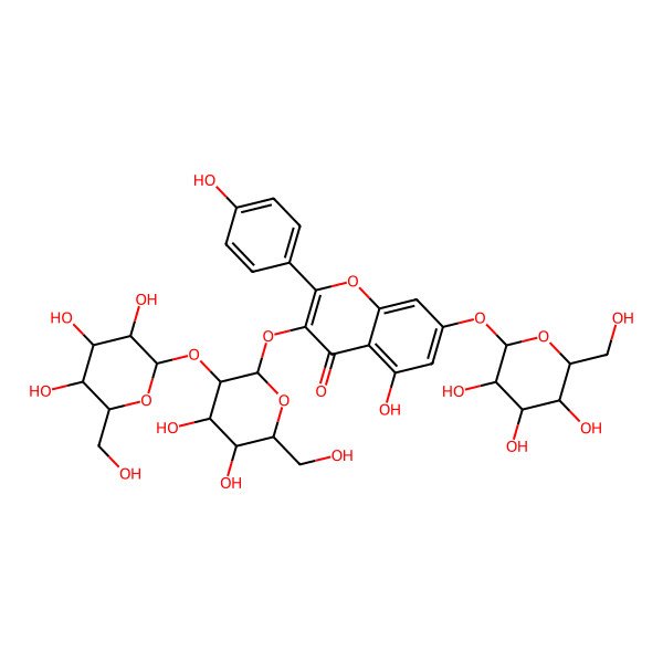 2D Structure of 2-(4-Hydroxyphenyl)-5-hydroxy-3-(2-O-beta-D-glucopyranosyl-beta-D-galactopyranosyloxy)-7-(beta-D-glucopyranosyloxy)-4H-1-benzopyran-4-one