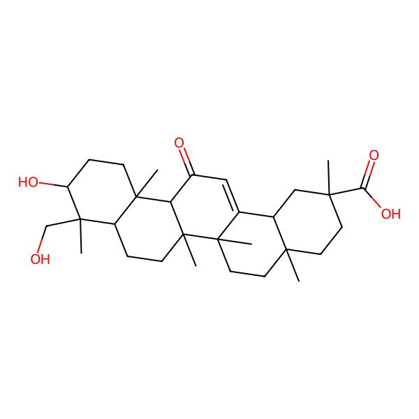 2D Structure of (2S,4aS,6bR,10S,12aS,14bR)-10-hydroxy-9-(hydroxymethyl)-2,4a,6a,6b,9,12a-hexamethyl-13-oxo-3,4,5,6,6a,7,8,8a,10,11,12,14b-dodecahydro-1H-picene-2-carboxylic acid