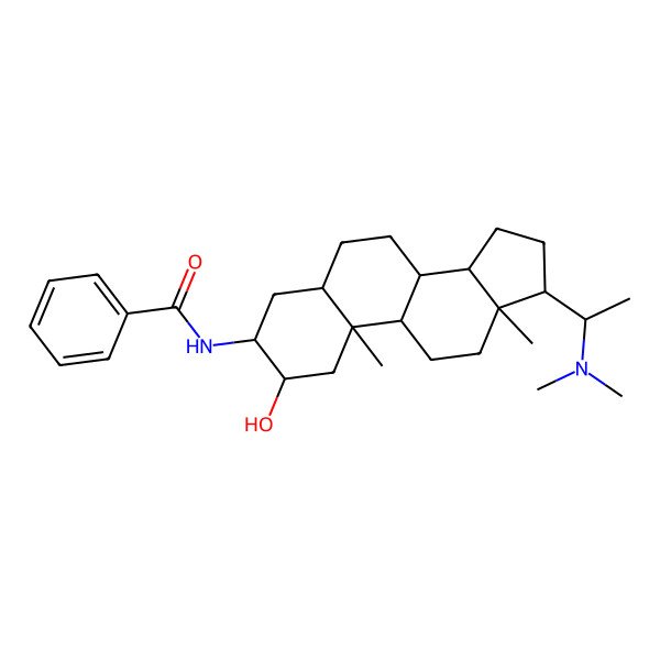 2D Structure of N-[(2S,3R,5S,8R,9S,10S,13S,14S,17S)-17-((S)-1-Dimethylamino-ethyl)-2-hydroxy-10,13-dimethyl-hexadecahydro-cyclopenta[a]phenanthren-3-yl]-benzamide