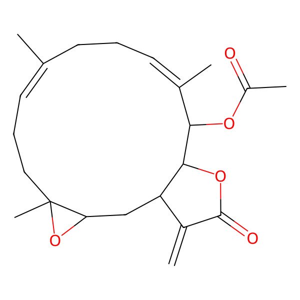 2D Structure of [(1R,3R,5R,8E,12E,14S,15R)-5,9,13-trimethyl-18-methylidene-17-oxo-4,16-dioxatricyclo[13.3.0.03,5]octadeca-8,12-dien-14-yl] acetate