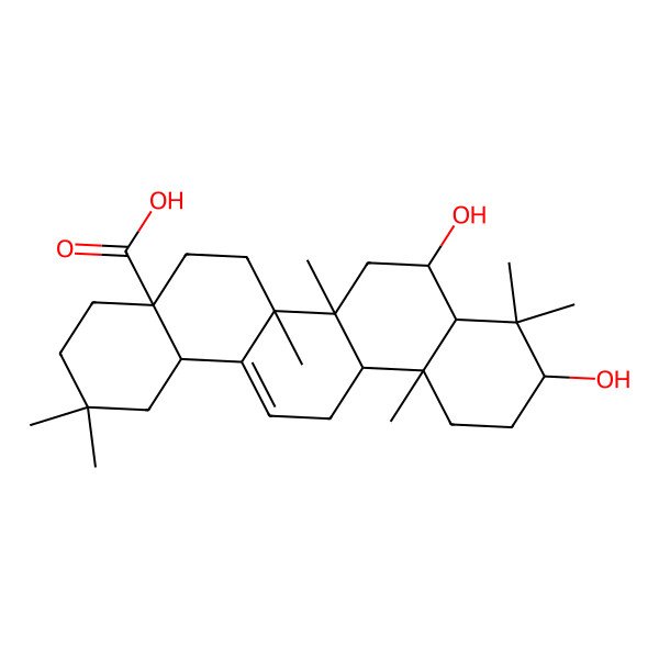 2D Structure of (4As,6As,6Br,8R,10S,12Ar)-8,10-Dihydroxy-2,2,6A,6B,9,9,12A-Heptamethyl-1,3,4,5,6,6A,7,8,8A,10,11,12,13,14B-Tetradecahydropicene-4A-Carboxylic Acid
