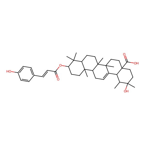 2D Structure of (1R,2S,4aR,6aR,6aS,6bR,8aR,10S,12aR,14bS)-2-hydroxy-10-[(Z)-3-(4-hydroxyphenyl)prop-2-enoyl]oxy-1,2,6a,6b,9,9,12a-heptamethyl-1,3,4,5,6,6a,7,8,8a,10,11,12,13,14b-tetradecahydropicene-4a-carboxylic acid