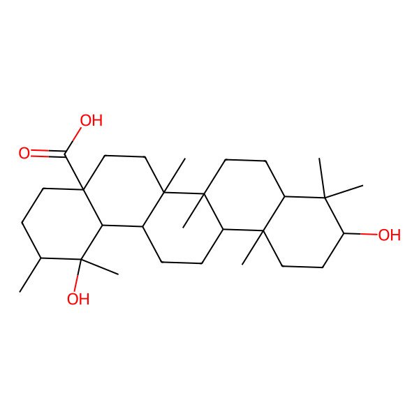2D Structure of (1R,2R,4aS,6aR,6aR,6bR,8aR,10S,12aR,14aR,14bS)-1,10-dihydroxy-1,2,6a,6b,9,9,12a-heptamethyl-2,3,4,5,6,6a,7,8,8a,10,11,12,13,14,14a,14b-hexadecahydropicene-4a-carboxylic acid