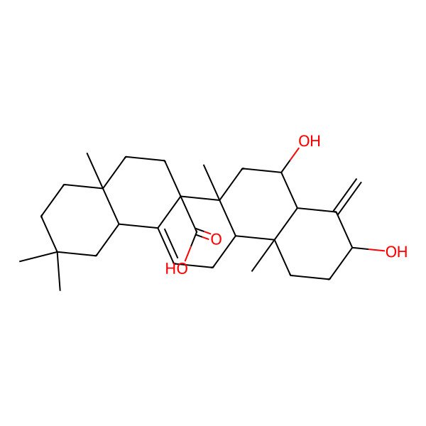 2D Structure of (4aR,6aR,6aR,6bR,8R,8aR,10S,12aR,14bR)-8,10-dihydroxy-2,2,4a,6b,12a-pentamethyl-9-methylidene-1,3,4,5,6,6a,7,8,8a,10,11,12,13,14b-tetradecahydropicene-6a-carboxylic acid