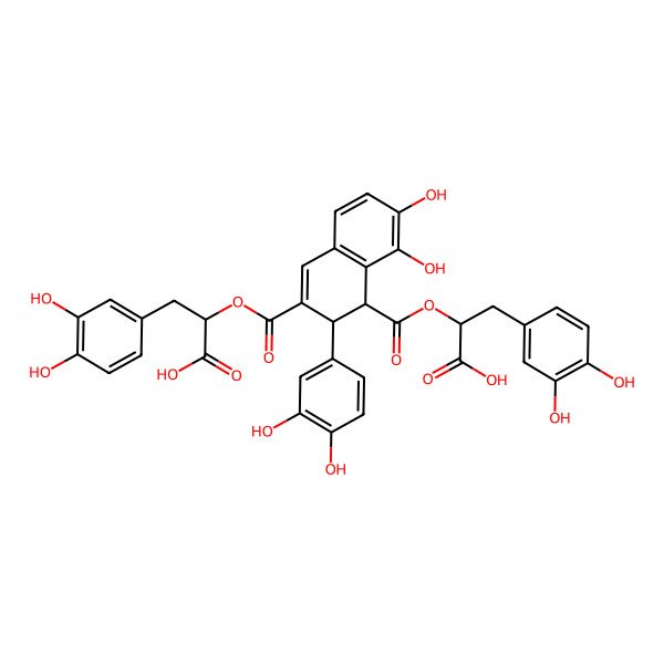 2D Structure of (2R)-2-[3-[(1R)-1-carboxy-2-(3,4-dihydroxyphenyl)ethoxy]carbonyl-2-(3,4-dihydroxyphenyl)-7,8-dihydroxy-1,2-dihydronaphthalene-1-carbonyl]oxy-3-(3,4-dihydroxyphenyl)propanoic acid
