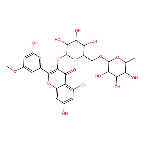 2D Structure of 5,7-dihydroxy-2-(3-hydroxy-5-methoxyphenyl)-3-[(2S,3R,4S,5R,6R)-3,4,5-trihydroxy-6-[[(2S,3R,4R,5R,6S)-3,4,5-trihydroxy-6-methyloxan-2-yl]oxymethyl]oxan-2-yl]oxychromen-4-one