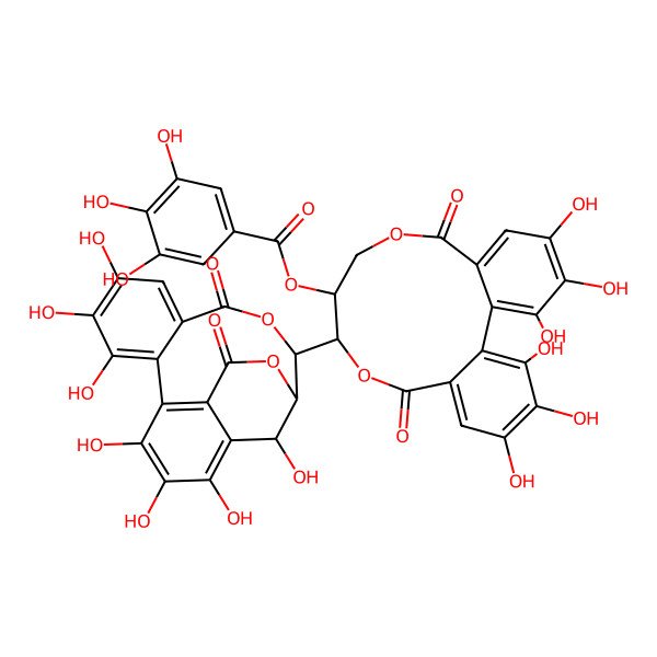 2D Structure of [(10R,11R)-10-[(15S,19S)-2,3,4,7,8,9,19-heptahydroxy-12,17-dioxo-13,16-dioxatetracyclo[13.3.1.05,18.06,11]nonadeca-1,3,5(18),6,8,10-hexaen-14-yl]-3,4,5,17,18,19-hexahydroxy-8,14-dioxo-9,13-dioxatricyclo[13.4.0.02,7]nonadeca-1(19),2,4,6,15,17-hexaen-11-yl] 3,4,5-trihydroxybenzoate
