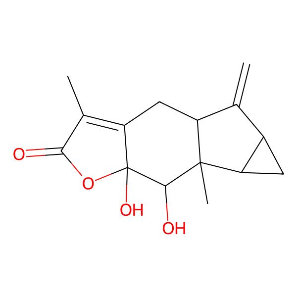 2D Structure of 4a,5,5a,6,6a,6b,7,7a-Octahydro-7,7a-dihydroxy-3,6b-dimethyl-5-methylenecycloprop[2,3]indeno[5,6-b]furan-2(4H)-one