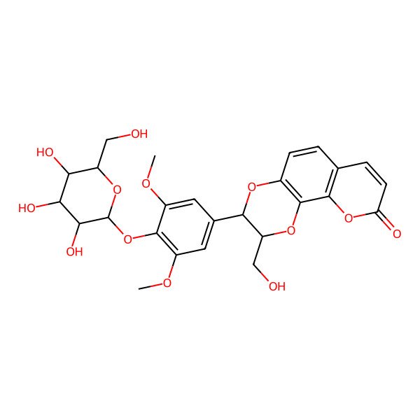 2D Structure of (2R,3R)-3-[3,5-dimethoxy-4-[(2S,3R,4S,5S,6R)-3,4,5-trihydroxy-6-(hydroxymethyl)oxan-2-yl]oxyphenyl]-2-(hydroxymethyl)-2,3-dihydropyrano[3,2-h][1,4]benzodioxin-9-one