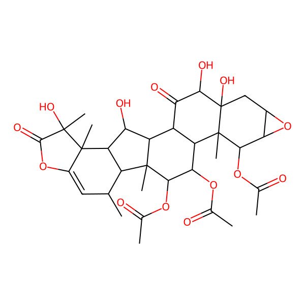 2D Structure of (10,14-Diacetyloxy-4,5,22,25-tetrahydroxy-11,15,17,22,23-pentamethyl-3,21-dioxo-8,20-dioxaheptacyclo[13.10.0.02,12.05,11.07,9.016,24.019,23]pentacos-18-en-13-yl) acetate