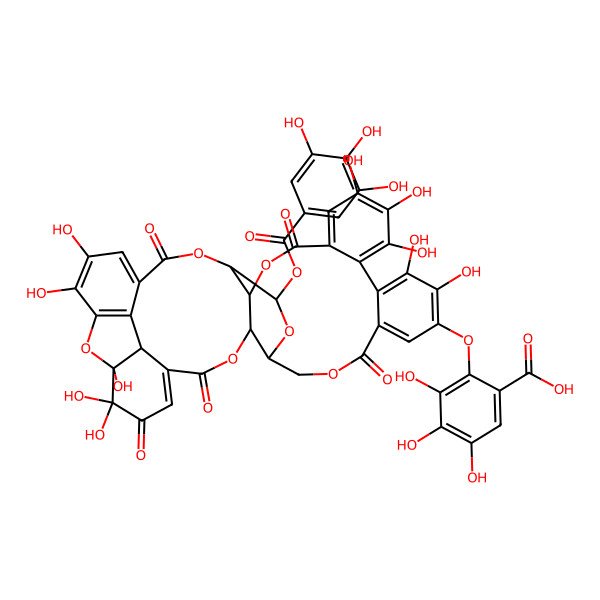 2D Structure of 2-[[(8R,9S,27R,29S,30R)-1,2,2,14,15,16,19,20,35,36-decahydroxy-3,6,11,24,32-pentaoxo-29-(3,4,5-trihydroxybenzoyl)oxy-7,10,25,28,31,40-hexaoxaoctacyclo[35.2.1.05,39.08,27.09,30.012,17.018,23.033,38]tetraconta-4,12,14,16,18,20,22,33,35,37-decaen-21-yl]oxy]-3,4,5-trihydroxybenzoic acid