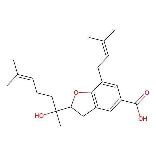 2D Structure of (2S)-2-[(2S)-2-hydroxy-6-methylhept-5-en-2-yl]-7-(3-methylbut-2-enyl)-2,3-dihydro-1-benzofuran-5-carboxylic acid