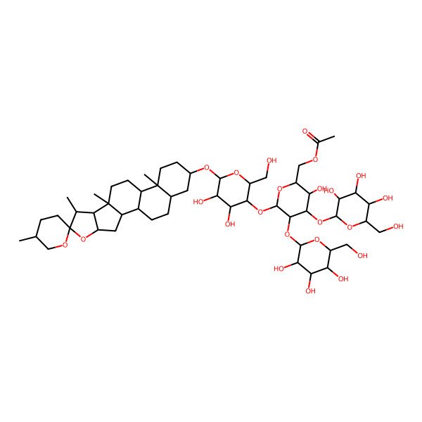 2D Structure of [(2R,3R,4S,5R)-6-[(2R,4R,5R,6R)-4,5-dihydroxy-2-(hydroxymethyl)-6-(5',7,9,13-tetramethylspiro[5-oxapentacyclo[10.8.0.02,9.04,8.013,18]icosane-6,2'-oxane]-16-yl)oxyoxan-3-yl]oxy-3-hydroxy-4,5-bis[[(2S,3R,4S,5S,6R)-3,4,5-trihydroxy-6-(hydroxymethyl)oxan-2-yl]oxy]oxan-2-yl]methyl acetate