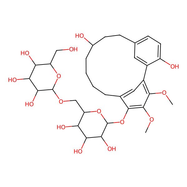 2D Structure of (2R,3R,4S,5S,6R)-2-[[(2R,3S,4S,5R,6S)-6-[[(11S)-11,17-dihydroxy-3,4-dimethoxy-5-tricyclo[12.3.1.12,6]nonadeca-1(17),2,4,6(19),14(18),15-hexaenyl]oxy]-3,4,5-trihydroxyoxan-2-yl]methoxy]-6-(hydroxymethyl)oxane-3,4,5-triol
