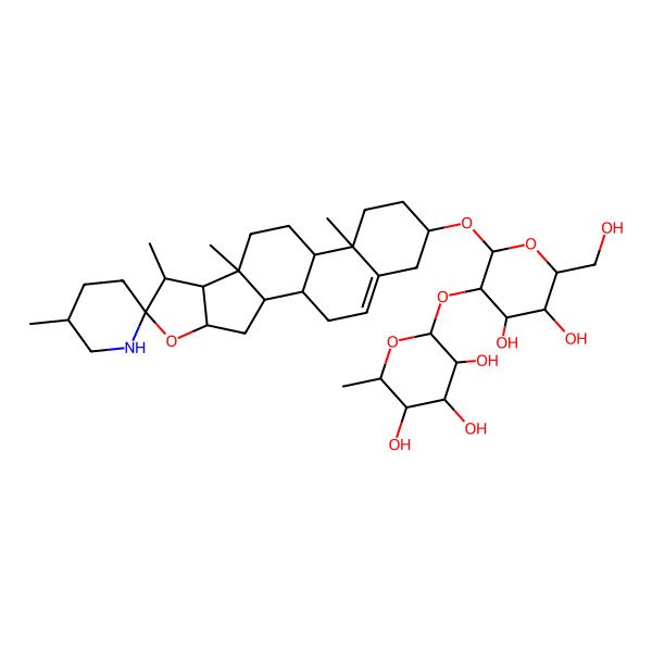 2D Structure of (3R,4R,5S,6S)-2-[(2R,3R,4S,5S,6R)-4,5-dihydroxy-6-(hydroxymethyl)-2-[(9S,13R,16S)-5',7,9,13-tetramethylspiro[5-oxapentacyclo[10.8.0.02,9.04,8.013,18]icos-18-ene-6,2'-piperidine]-16-yl]oxyoxan-3-yl]oxy-6-methyloxane-3,4,5-triol