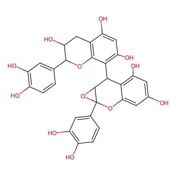 2D Structure of (2R,3R)-8-[(1aR,7S,7aS)-1a-(3,4-dihydroxyphenyl)-4,6-dihydroxy-7,7a-dihydrooxireno[2,3-b]chromen-7-yl]-2-(3,4-dihydroxyphenyl)-3,4-dihydro-2H-chromene-3,5,7-triol