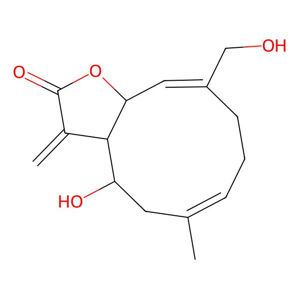 2D Structure of (3aR,4S,6E,10E,11aR)-4-hydroxy-10-(hydroxymethyl)-6-methyl-3-methylidene-3a,4,5,8,9,11a-hexahydrocyclodeca[b]furan-2-one