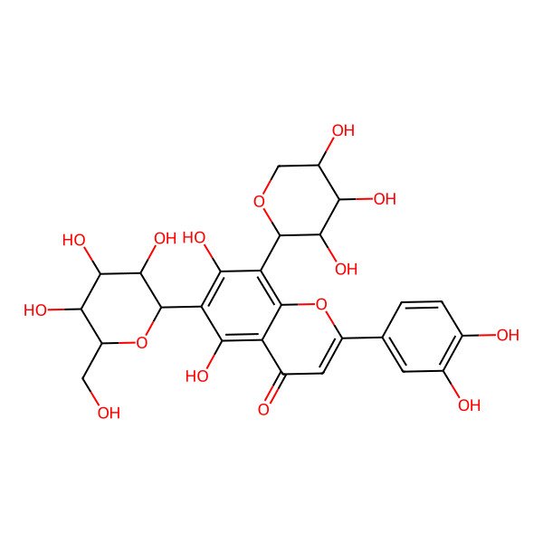 2D Structure of 2-(3,4-dihydroxyphenyl)-5,7-dihydroxy-6-[(2S,4R,5S)-3,4,5-trihydroxy-6-(hydroxymethyl)oxan-2-yl]-8-[(2R,4R,5S)-3,4,5-trihydroxyoxan-2-yl]chromen-4-one