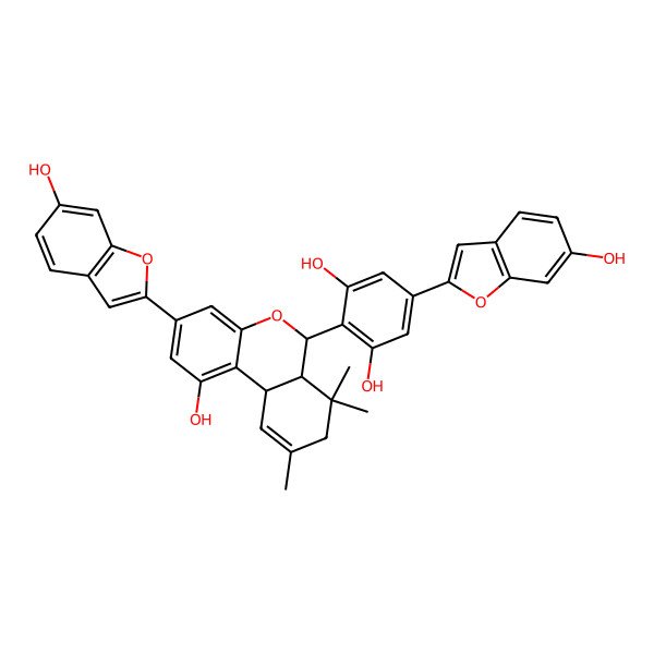 2D Structure of 2-[(6S,6aR,10aR)-1-hydroxy-3-(6-hydroxy-1-benzofuran-2-yl)-7,7,9-trimethyl-6,6a,8,10a-tetrahydrobenzo[c]chromen-6-yl]-5-(6-hydroxy-1-benzofuran-2-yl)benzene-1,3-diol