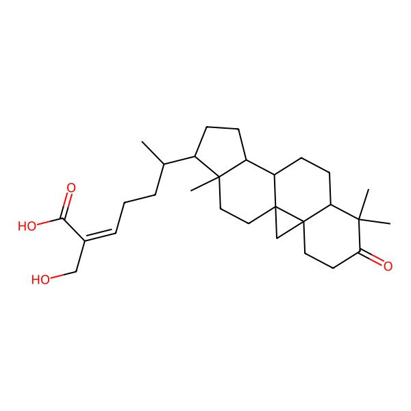2D Structure of (Z)-2-(hydroxymethyl)-6-[(1S,3R,15R,16R)-7,7,16-trimethyl-6-oxo-15-pentacyclo[9.7.0.01,3.03,8.012,16]octadecanyl]hept-2-enoic acid