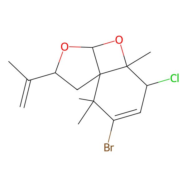 2D Structure of (1S,3R,5S,7S,8S)-10-bromo-8-chloro-7,11,11-trimethyl-3-prop-1-en-2-yl-4,6-dioxatricyclo[5.4.0.01,5]undec-9-ene