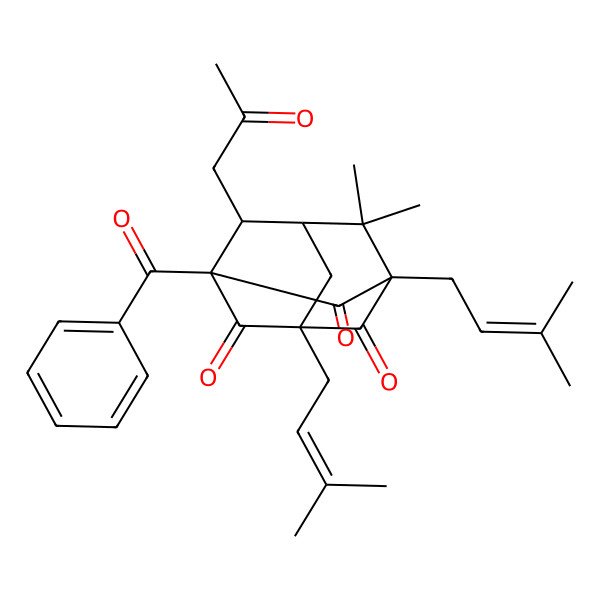 2D Structure of (1R,3S,5R,7S,8S)-1-benzoyl-6,6-dimethyl-3,5-bis(3-methylbut-2-enyl)-8-(2-oxopropyl)adamantane-2,4,9-trione