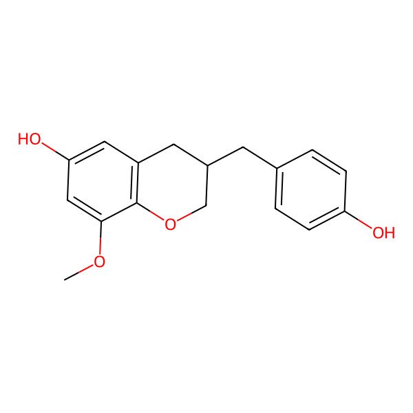 2D Structure of (3R)-3-(4-Hydroxybenzyl)-6-hydroxy-8-methoxy-3,4-dihydro-2H-1-benzopyran