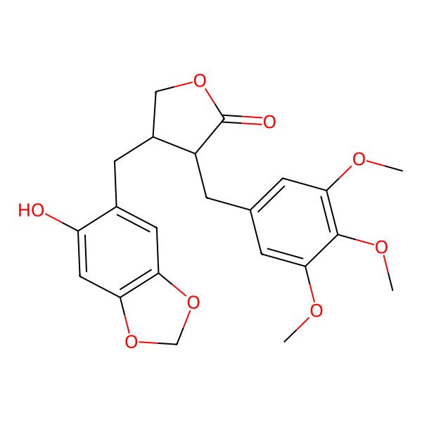 2D Structure of (3R,4R)-4-[(6-hydroxy-1,3-benzodioxol-5-yl)methyl]-3-[(3,4,5-trimethoxyphenyl)methyl]oxolan-2-one