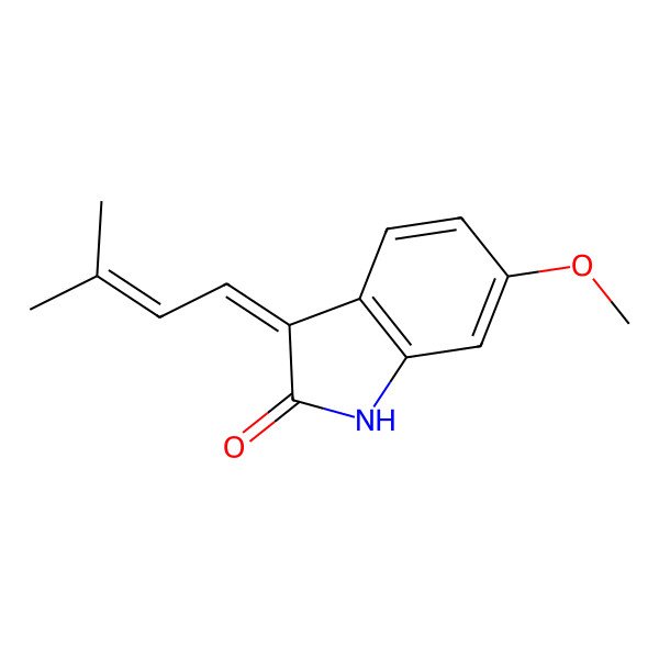 2D Structure of (3Z)-6-methoxy-3-(3-methylbut-2-enylidene)-1H-indol-2-one 2D Structure of (3Z)-6-methoxy-3-(3-methylbut-2-enylidene)-1H-indol-2-one