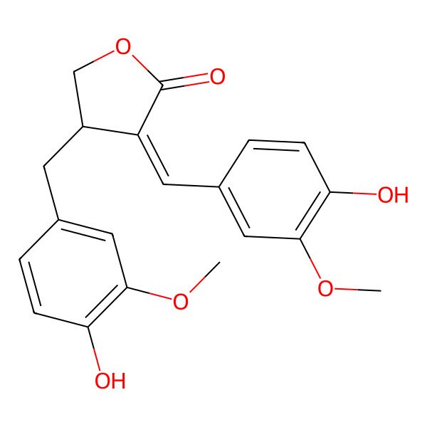 2D Structure of (3Z,4S)-4-[(4-hydroxy-3-methoxyphenyl)methyl]-3-[(4-hydroxy-3-methoxyphenyl)methylidene]oxolan-2-one
