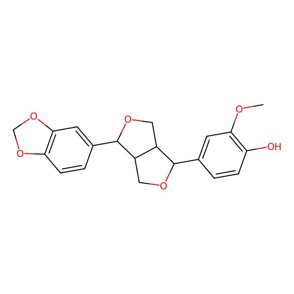 2D Structure of 4-[(1R,3aS,4S,6aS)-4-(1,3-Benzodioxol-5-yl)tetrahydro-1H,3H-furo[3,4-c]furan-1-yl]-2-methoxyphenol