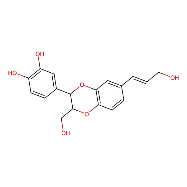 2D Structure of 4-[2-(hydroxymethyl)-6-[(E)-3-hydroxyprop-1-enyl]-2,3-dihydro-1,4-benzodioxin-3-yl]benzene-1,2-diol