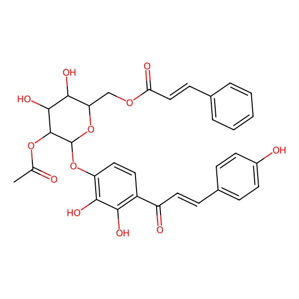 2D Structure of [(2R,3S,4S,5R,6S)-5-acetyloxy-6-[2,3-dihydroxy-4-[(E)-3-(4-hydroxyphenyl)prop-2-enoyl]phenoxy]-3,4-dihydroxyoxan-2-yl]methyl (E)-3-phenylprop-2-enoate
