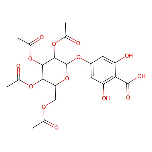 2D Structure of 2,6-dihydroxy-4-[(2S,3R,4S,5R,6R)-3,4,5-triacetyloxy-6-(acetyloxymethyl)oxan-2-yl]oxybenzoic acid