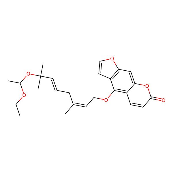 2D Structure of 4-[(2E,5E)-7-(1-ethoxyethoxy)-3,7-dimethylocta-2,5-dienoxy]furo[3,2-g]chromen-7-one