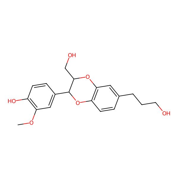 2D Structure of 4-[(2R,3R)-3-(hydroxymethyl)-6-(3-hydroxypropyl)-2,3-dihydro-1,4-benzodioxin-2-yl]-2-methoxyphenol