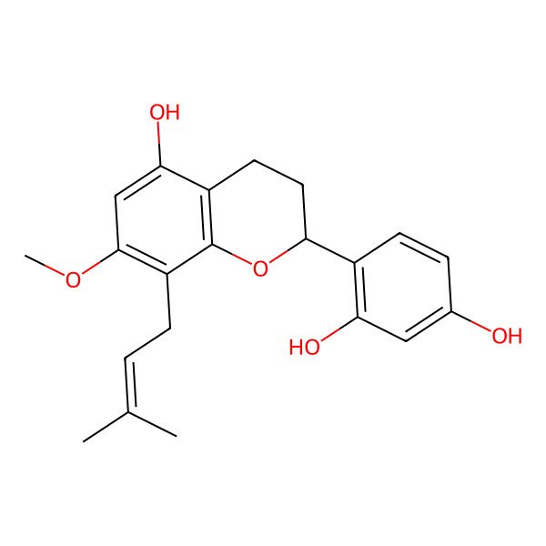 2D Structure of 4-[(2S)-5-hydroxy-7-methoxy-8-(3-methylbut-2-enyl)-3,4-dihydro-2H-chromen-2-yl]benzene-1,3-diol