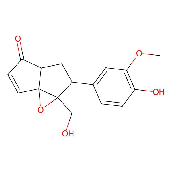 2D Structure of 4-(4-Hydroxy-3-methoxyphenyl)-3-(hydroxymethyl)-2-oxatricyclo[4.3.0.01,3]non-8-en-7-one