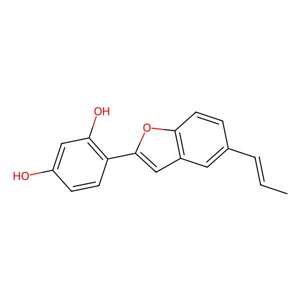 2D Structure of 4-{5-[(1E)-prop-1-en-1-yl]-1-benzofuran-2-yl}benzene-1,3-diol