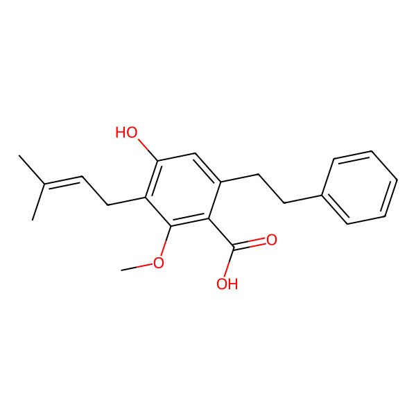 2D Structure of 4-Hydroxy-2-methoxy-3-(3-methylbut-2-enyl)-6-(2-phenylethyl)benzoic acid