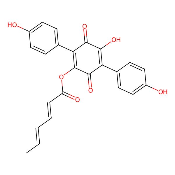 2D Structure of [4-hydroxy-2,5-bis(4-hydroxyphenyl)-3,6-dioxocyclohexa-1,4-dien-1-yl] (2Z,4E)-hexa-2,4-dienoate