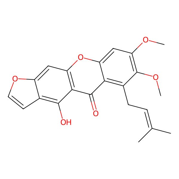 2D Structure of 4-Hydroxy-6-(3-methyl-2-butenyl-)-7,8-dimethoxy-5H-furo[3,2-b]xanthene-5-one