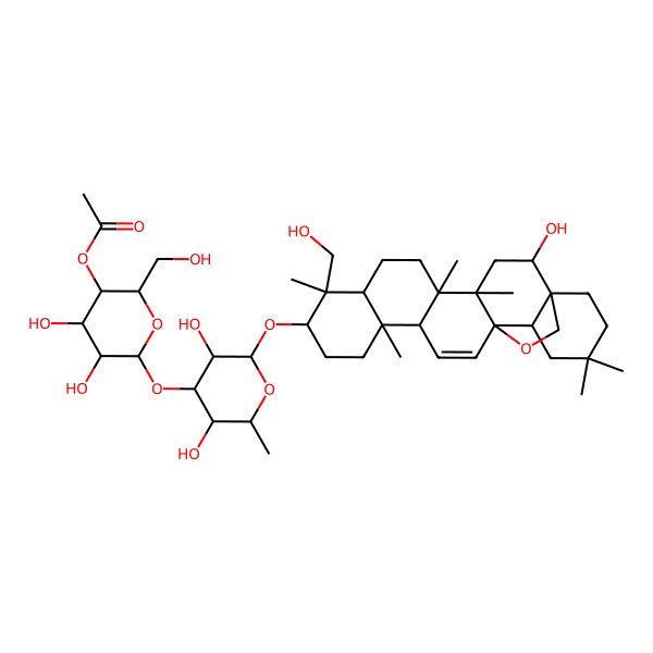 2D Structure of [(2R,3S,4R,5R,6S)-6-[(2R,3R,4S,5S,6R)-3,5-dihydroxy-2-[[(1S,2R,4S,5R,8R,9R,10S,13S,14R,17S,18R)-2-hydroxy-9-(hydroxymethyl)-4,5,9,13,20,20-hexamethyl-24-oxahexacyclo[15.5.2.01,18.04,17.05,14.08,13]tetracos-15-en-10-yl]oxy]-6-methyloxan-4-yl]oxy-4,5-dihydroxy-2-(hydroxymethyl)oxan-3-yl] acetate