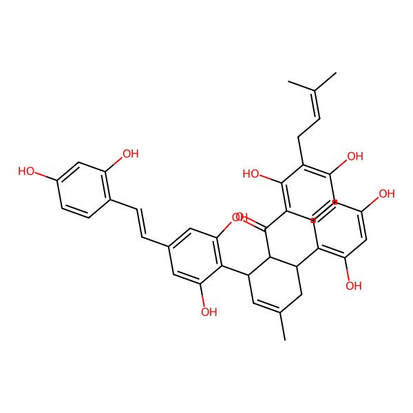 2D Structure of [2,4-dihydroxy-3-(3-methylbut-2-enyl)phenyl]-[(1S,2R,6R)-6-(2,4-dihydroxyphenyl)-2-[4-[(E)-2-(2,4-dihydroxyphenyl)ethenyl]-2,6-dihydroxyphenyl]-4-methylcyclohex-3-en-1-yl]methanone