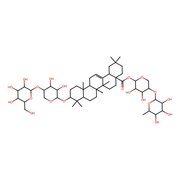 2D Structure of [(2R,3R,4R,5S)-3,4-dihydroxy-5-[(2S,3R,4R,5R,6S)-3,4,5-trihydroxy-6-methyloxan-2-yl]oxyoxan-2-yl] (4aS,6bR,10S,12aR)-10-[(2S,3R,4R,5S)-3,4-dihydroxy-5-[(2S,3R,4S,5S,6R)-3,4,5-trihydroxy-6-(hydroxymethyl)oxan-2-yl]oxyoxan-2-yl]oxy-2,2,6a,6b,9,9,12a-heptamethyl-1,3,4,5,6,6a,7,8,8a,10,11,12,13,14b-tetradecahydropicene-4a-carboxylate