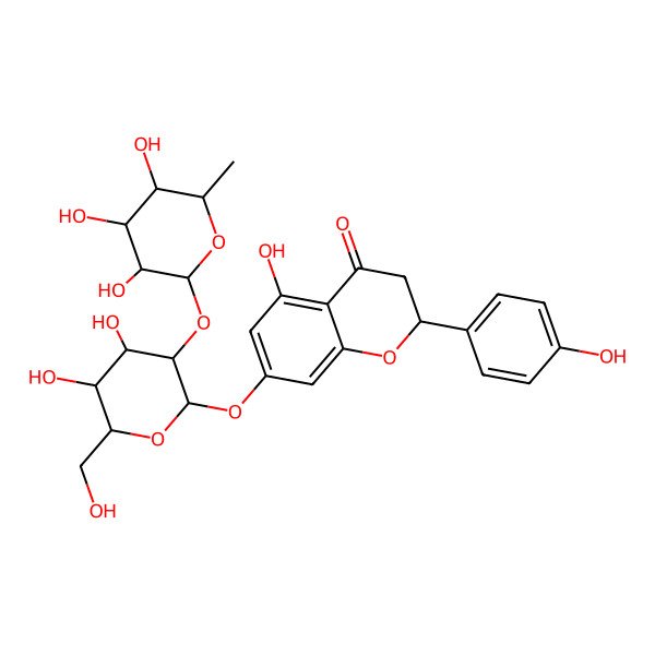2D Structure of (2R)-5-hydroxy-2-(4-hydroxyphenyl)-4-oxo-3,4-dihydro-2H-chromen-7-yl 2-O-(6-deoxy-alpha-L-mannopyranosyl)-beta-D-glucopyranoside 2D Structure of (2R)-5-hydroxy-2-(4-hydroxyphenyl)-4-oxo-3,4-dihydro-2H-chromen-7-yl 2-O-(6-deoxy-alpha-L-mannopyranosyl)-beta-D-glucopyranoside