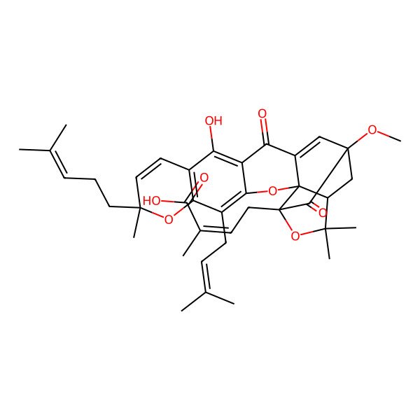 2D Structure of (Z)-4-[(1S,2S,8R,17R,19R)-12-hydroxy-17-methoxy-8,21,21-trimethyl-5-(3-methylbut-2-enyl)-8-(4-methylpent-3-enyl)-14,18-dioxo-3,7,20-trioxahexacyclo[15.4.1.02,15.02,19.04,13.06,11]docosa-4(13),5,9,11,15-pentaen-19-yl]-2-methylbut-2-enoic acid