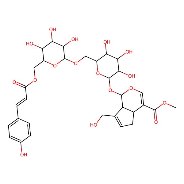 2D Structure of methyl (1S,4aS,7aS)-7-(hydroxymethyl)-1-[(2S,3R,4S,5S,6R)-3,4,5-trihydroxy-6-[[(2R,3R,4S,5S,6R)-3,4,5-trihydroxy-6-[[(Z)-3-(4-hydroxyphenyl)prop-2-enoyl]oxymethyl]oxan-2-yl]oxymethyl]oxan-2-yl]oxy-1,4a,5,7a-tetrahydrocyclopenta[c]pyran-4-carboxylate