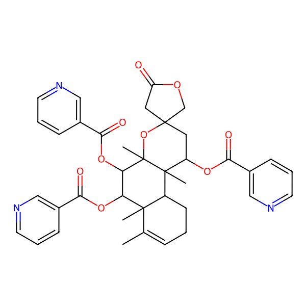 2D Structure of [(1S,3R,4aR,5S,6R,6aR,10aS,10bS)-4a,6a,7,10b-tetramethyl-2'-oxo-5,6-bis(pyridine-3-carbonyloxy)spiro[2,5,6,9,10,10a-hexahydro-1H-benzo[f]chromene-3,4'-oxolane]-1-yl] pyridine-3-carboxylate
